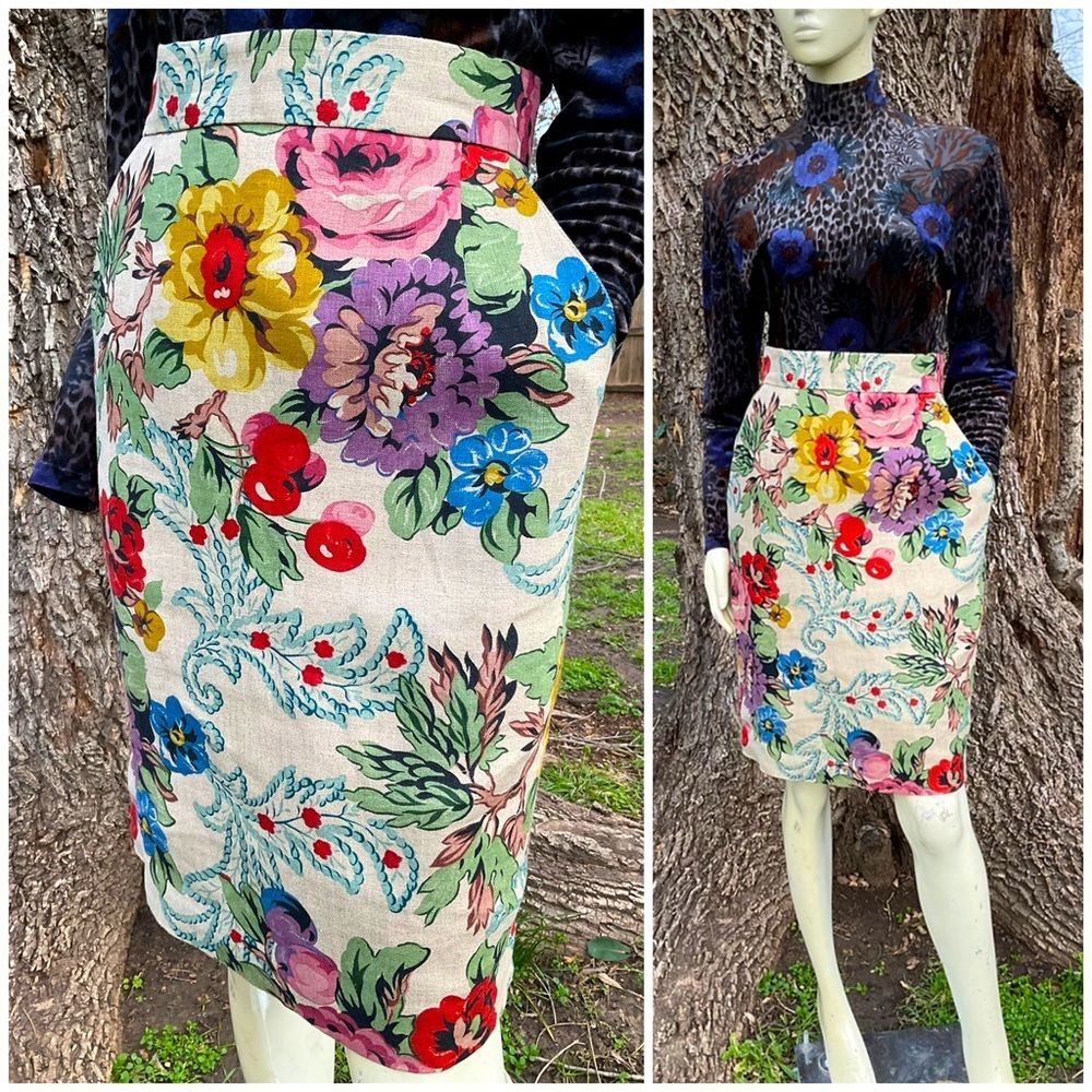 80s does 50s Linen Gorgeous Vintage Pleated Front Pencil Skirt w Pockets Size 4